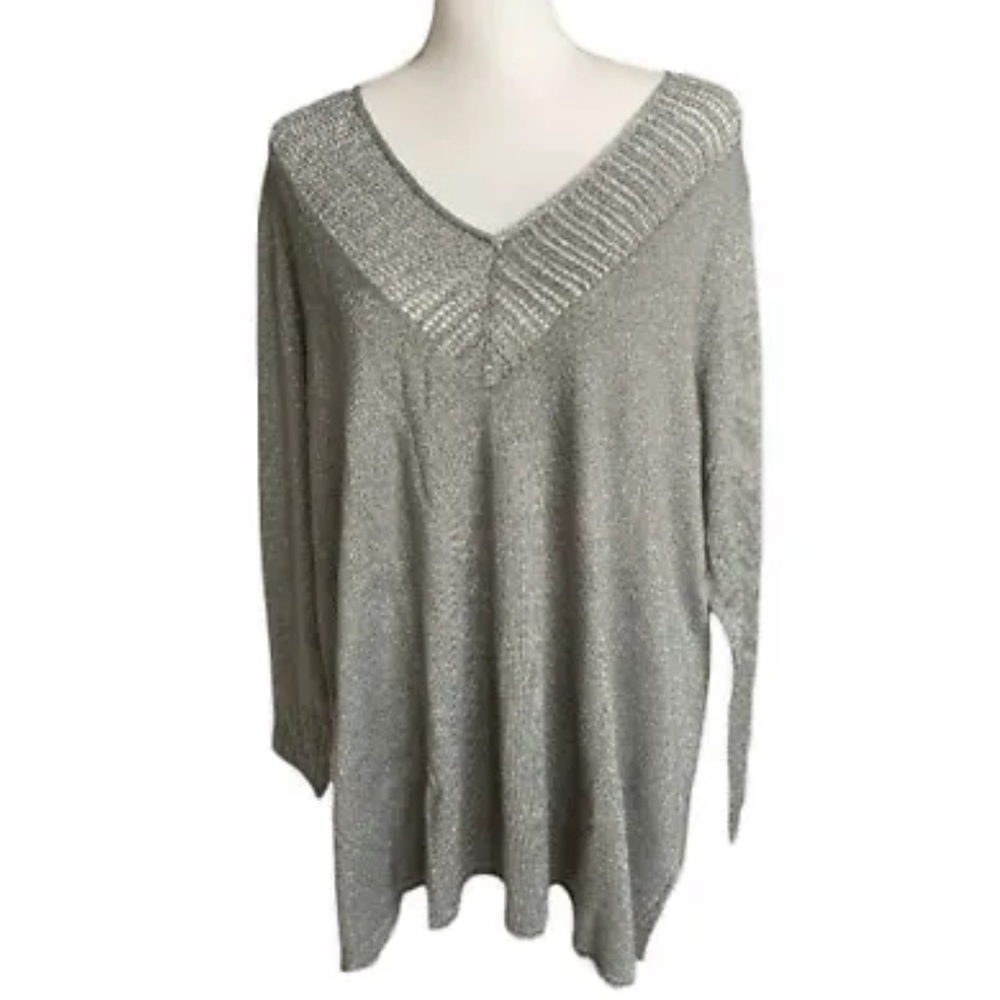 Catherines V Neck Sparkle Sweater Gray 0x lightweight Top NEW